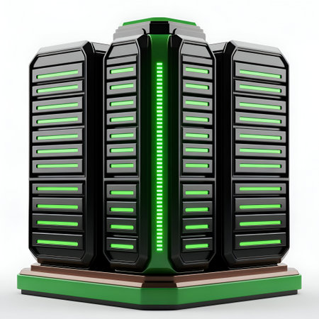 The a 3D rendering of a server rack composed of multiple black server units with green LED lights....