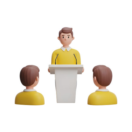 is a 3D rendering depicting a person standing at a white podium, speaking to an audience. The...