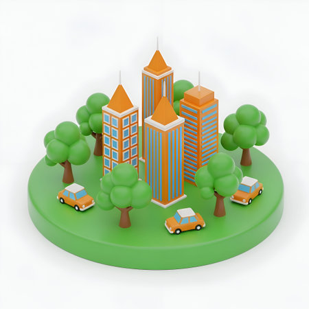 a 3D model of a colorful cityscape with several buildings, including tall skyscrapers with orange...
