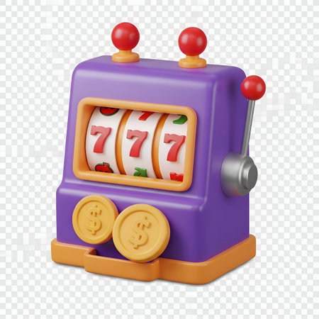 a 3D of a toy slot machine with a vibrant purple body and yellow accents. The machine has three spinning reels displaying the number seven, and there are two yellow dollar coins on the front. The slot machine includes two red buttons on and a lever on the right side. The is playful and colorful, resembling a child's toy.の写真素材