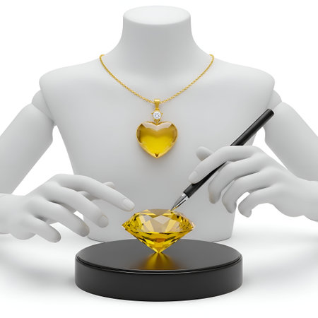 The a jeweler meticulously crafting a large yellow diamond heart-shaped pendant on a mannequin. The pendant is attached to a gold chain and a smaller diamond at the jeweler is using a tool to work on a separate yellow diamond placed on a black circular base. The scene highlights the precision and craftsmanship involved in jewelry making, with a focus on the detailed work and reflective surfaces of the diamonds and gold.の写真素材