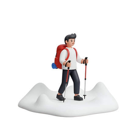 This 3D a man hiking on a mountain. He is dressed in a white long-sleeve shirt, dark pants, and black shoes. The man carries a red backpack and holds trekking poles in both hands. The mountain terrain is depicted in a smooth, abstract white form. The overall mood is adventurous and active, emphasizing outdoor recreation and exploration.の写真素材
