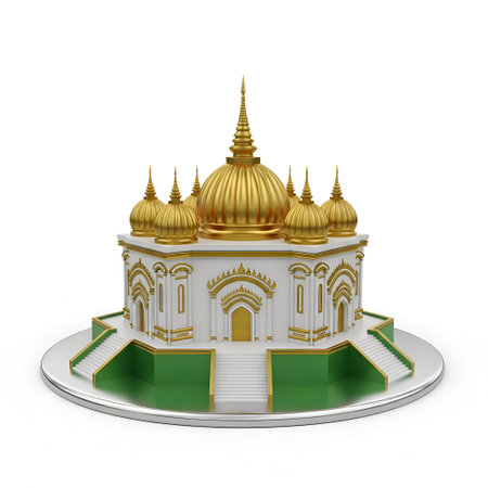 The a 3D rendering of a temple with multiple golden domes and spires, set against white walls with intricate architectural details. The temple is elevated on a circular reflective platform with green water, and symmetrical stairs leading up to the entrances. The is highly detailed and ornate, conveying a sense of serenity and spirituality.の写真素材