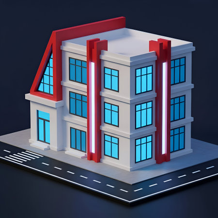 a 3D rendered model of a white building with red accents. The building has three stories and is situated on a street corner. The facade includes multiple windows with blue-tinted glass. The building's includes red vertical and triangular adding a striking contrast to the white exterior. The street in front of the building has a sidewalk and a road with dashed lines, suggesting an urban setting.の写真素材
