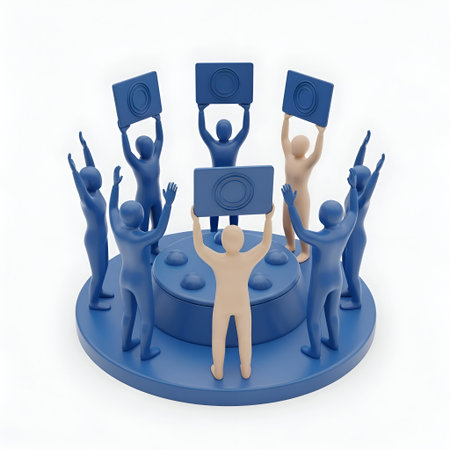 The a 3D of a group of blue and beige human figures standing in a circular formation on a blue...