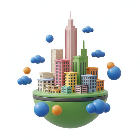 a vibrant 3D cityscape composed of various colorful buildings and skyscrapers. The city is situated...