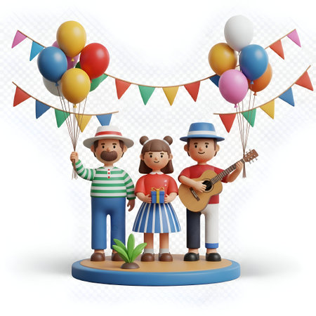 a 3D figurine set depicting a family celebrating. The set includes a man with a striped shirt and hat holding balloons, a woman in a red and blue skirt holding a gift box, and a child with pigtails. Another man, wearing a blue hat and red shirt, is playing a guitar. The figurines are placed on a circular base with a small plant. Colorful balloons and triangular pennant flags in various colors are floating above them, creating a festive and joyful atmosphere.の写真素材