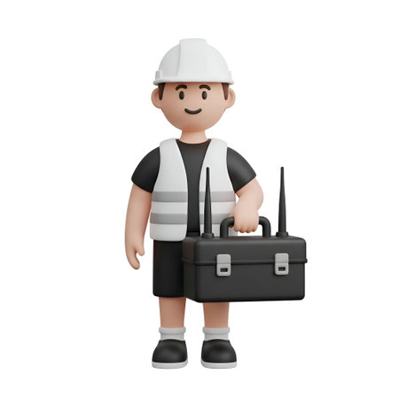 a 3D-rendered worker character wearing a white safety helmet, a black shirt, black pants, and a reflective safety vest. The worker is smiling and holding a black toolbox with two antennas attached to it. The character is standing upright, giving off a friendly and approachable vibe. The overall style is a clean, digital 3D with smooth surfaces and a minimalistic background.の写真素材
