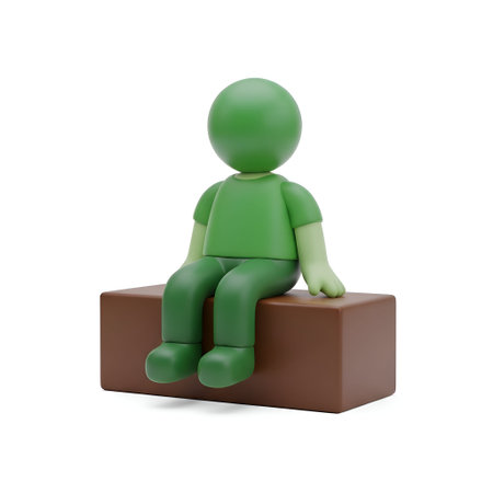 The a simple, abstract 3D figure in green sitting on a brown block. The figure has a rounded head, cylindrical limbs, and a smooth, minimalist The block is rectangular and solid, providing a stark contrast to the green figure. The overall composition is clean and uncluttered, emphasizing the basic shapes and forms.の写真素材
