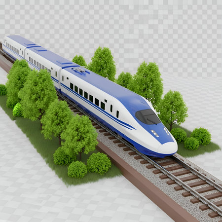 The a sleek, blue and white high-speed train traveling on tracks surrounded by lush green trees. The...