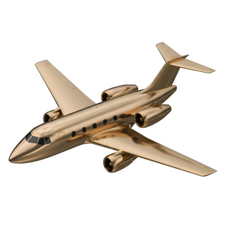 a highly detailed 3D model of a golden metallic jet airplane. The aircraft has a sleek, polished...