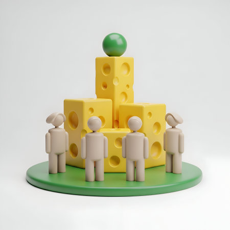 The a 3D rendering of a group of five beige-colored human figures standing around a tower made of...