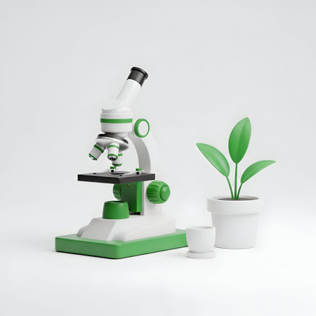 The a 3D of a green and white microscope placed on a white background. Next to the microscope, there is a small white pot with a green plant and a small white cup. The microscope has a green and white color scheme, with green accents on the base and eyepiece. The plant has three green leaves, and the pot and cup are both white. The overall composition is minimalist and clean, with a focus on the scientific and educational theme.の写真素材