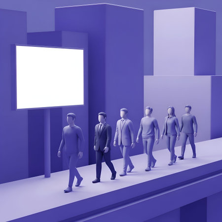 a low-poly 3D of a group of people walking in a minimalist, abstract cityscape. The scene is...
