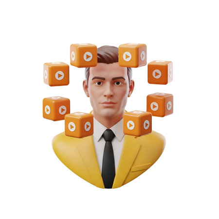 The a 3D rendering of a man wearing a yellow suit and a black tie. Surrounding his head are several floating orange cubes, each with a white play button symbol. The man's expression is neutral, and the cubes are evenly distributed around his head, creating a sense of balance and symmetry. The overall style is modern and digital, with a focus on technology and innovation.の写真素材