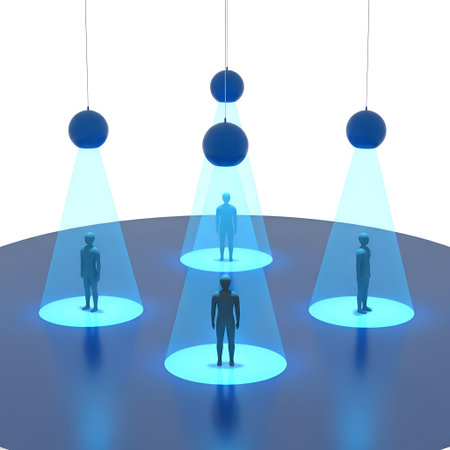 The a 3D of four blue spheres suspended in the air, each emitting a cone of blue light downward. The light beams illuminate circular areas on a flat surface, each containing a standing human figure. The figures are depicted as simple, abstract human silhouettes. The overall scene has a futuristic and technological feel, with a focus on the interaction between the glowing spheres and the illuminated figures.の写真素材