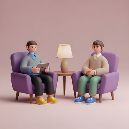 a 3D of two people sitting in purple chairs facing each other. One person is holding a tablet while the other appears to be listening attentively. Between them is a small wooden table with a table lamp that has a white lampshade. The background is a pastel pink color, creating a calm and relaxed atmosphere. The characters are dressed in casual clothing, with one wearing yellow shoes and the other in blue shoes.の写真素材