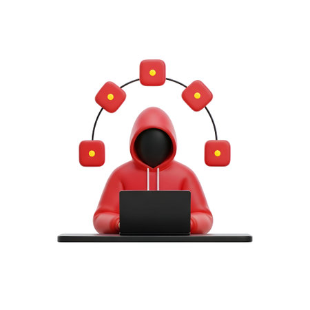 A 3D of a figure wearing a red hoodie with a black face, sitting at a black laptop. Above the figure's head are five red network nodes connected by black lines, each node featuring a yellow dot in the center. The figure appears to be engaged in a digital activity, possibly related to cybersecurity or hacking.の写真素材