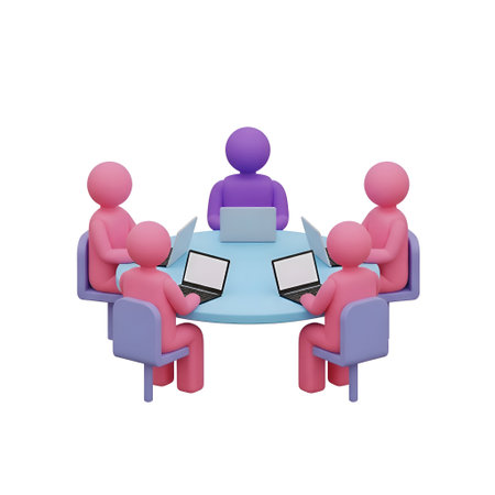 a 3D of five stylized figures, four in pink and one in purple, sitting around a round light blue table. Each figure is seated on a purple chair and is using a laptop. The figures are arranged in a circular formation, suggesting a collaborative or business meeting setting. The overall style is abstract and minimalist, with a focus on simplicity and modernの写真素材