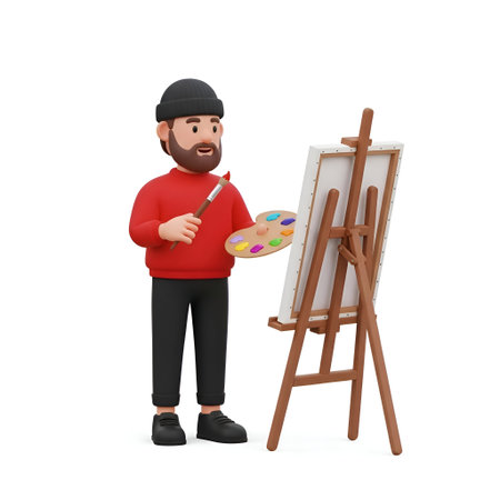 A 3D of a man with a beard wearing a red sweater and a black beanie is standing and painting on a wooden easel. He holds a paintbrush in one hand and a palette with various colors in the other. The easel has a blank canvas ready for painting. The man appears to be in the middle of the creative process, focused on his The overall mood is calm and concentrated, with a clear emphasis on the act of painting.の写真素材