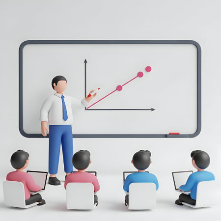 A 3D a businessman in a white shirt, blue pants, and a blue tie presenting a graph on a whiteboard. The graph a pink line with pink dots, indicating an upward trend. The businessman is standing and pointing at the graph with his right hand. In front of him, four individuals are seated on white chairs, each holding a laptop. The setting appears to be an office or a training room, with a clean, minimalist white background.の写真素材