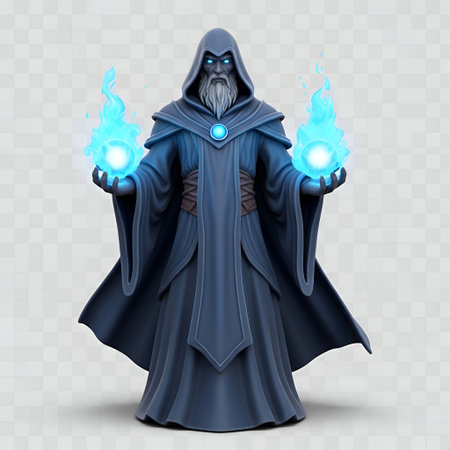 An old wizard with a long white beard and a dark blue cloak. He has glowing blue eyes and is holding blue magical flames in both hands. The wizard is standing with his arms outstretched, showcasing the magical flames that emit a bright blue light. The background is transparent, highlighting the wizard as the central figure. The overall style is a detailed, colorful that conveys a sense of mysticism and fantasy.の写真素材