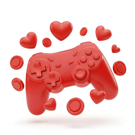 The a 3D rendering of a red game controller centrally positioned against a white background....