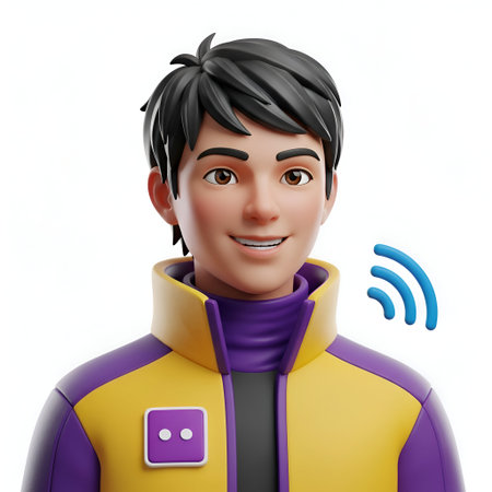The a 3D-rendered character with a cheerful expression, smiling broadly. The character has short,...