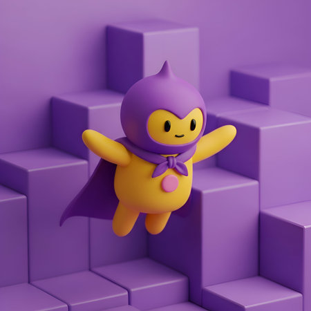 A cheerful yellow character with a purple hood and a pink heart on its chest is flying among purple cubes. The character has a smiling face and is wearing a purple bow. The background consists of a 3D-rendered abstract setting with various purple cubes of different sizes. The overall mood is playful and whimsical, with bright and vibrant colors.の写真素材