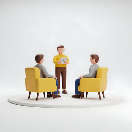 The a 3D of three men in a casual business setting. Two men are seated in yellow armchairs, facing each other, while a third man stands in the middle holding a tablet. The setting appears to be indoors with a plain white background. The men are dressed in casual business attire, including polo shirts and trousers. The overall mood of the suggests a relaxed yet focused discussion or presentation.の写真素材