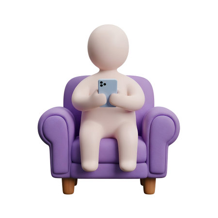 The a 3D-rendered scene of a white, humanoid figure sitting comfortably on a purple armchair. The figure is holding a smartphone in both hands, seemingly engaged with the device. The armchair has a plush, rounded with wooden legs, and the overall setting appears to be indoors, evoking a sense of relaxation and leisure. The color contrast between the white figure and the purple chair is striking, and the minimalist style of the gives it a modern and clean aesthetic.の写真素材