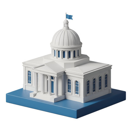 a detailed 3D model of a white capitol building with a prominent dome and columns, placed on a blue...