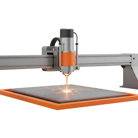 The a laser cutting machine with an orange frame and gray components actively cutting a metal sheet....