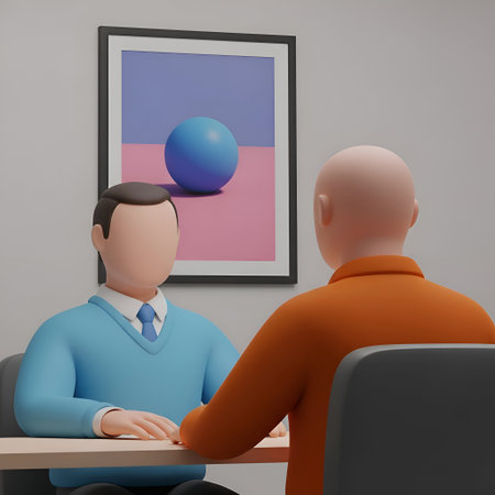 The two men sitting across from each other in an office setting. The man on the left is wearing a blue sweater and a white shirt with a tie, while the man on the right is bald and wearing an orange sweater. Behind them, there is a framed painting featuring a large blue ball on a background divided into pink and purple sections. The scene suggests a business meeting, interview, or conversation taking place in a environment.の写真素材