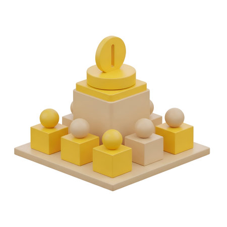 a 3D arrangement of geometric shapes in yellow and beige colors. The structure includes a central stack of cubes with a large number on surrounded by smaller spheres and cubes. The composition is minimalist and abstract, with a focus on the interplay of shapes and colors.の写真素材