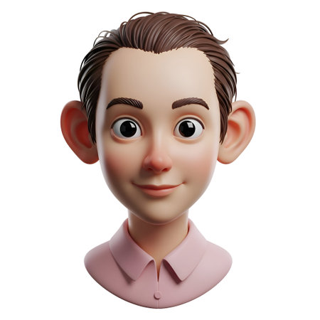 a 3D rendered portrait of a young boy with brown hair and a pink shirt. The boy has large, expressive eyes and a slight smile, giving him a cheerful and friendly appearance. His ears are prominent, and his facial are detailed with realistic textures and shading. The overall style is a blend of cartoon and realistic 3D rendering, capturing a youthful and innocent expression.の写真素材