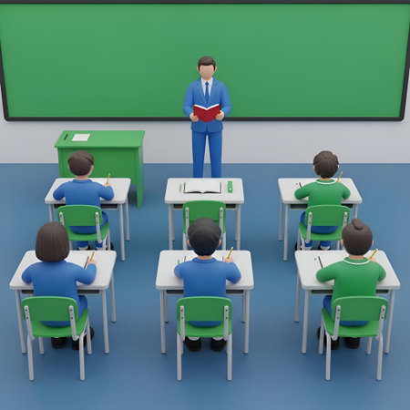 The a classroom setting with a teacher standing at the front holding a book. The teacher is dressed in a blue suit. There are six students seated at green desks and chairs, all wearing blue and green uniforms. The students are engaged in writing or reading activities. The classroom has a green chalkboard in the background. The overall scene is a 3D giving a clear and detailed view of the educational environment.の写真素材