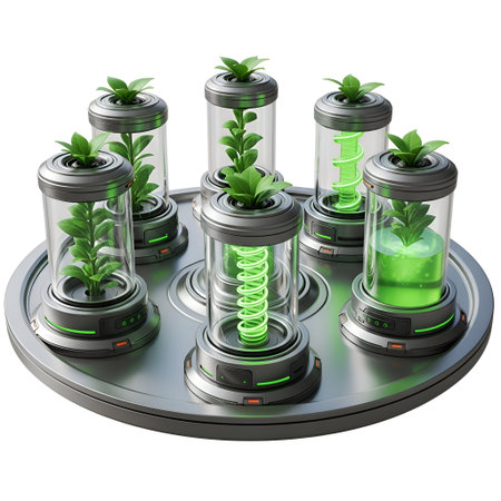 The cylindrical, futuristic plant growth chambers arranged in a circular pattern. Each chamber...