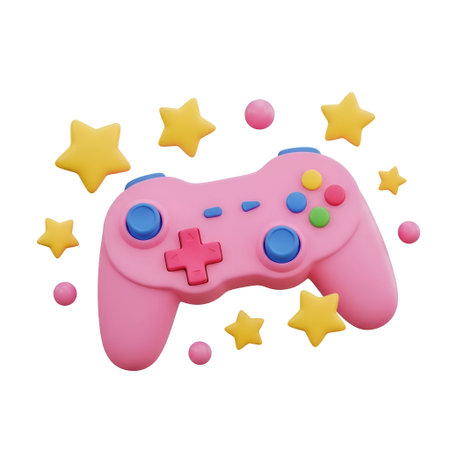 A 3D-rendered pink game controller with colorful buttons and joysticks is centrally positioned. The...