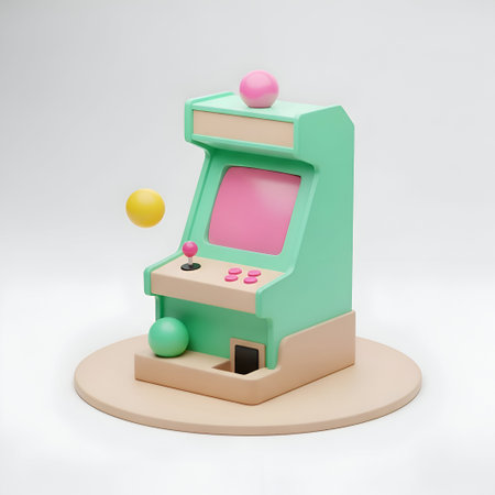 A miniature pastel-colored arcade game machine is depicted in a 3D rendering. The machine a pastel...