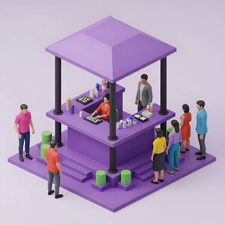 a 3D isometric of a purple food stall with a vendor serving customers. The stall has a purple platform with steps leading up to it and is supported by four black pillars. Several people are standing in line, waiting to be served. The vendor is behind the counter, preparing food. Green cylindrical barriers are placed around the stall, likely for crowd control. The overall scene is vibrant and colorful, capturing a lively urban market atmosphere.の写真素材