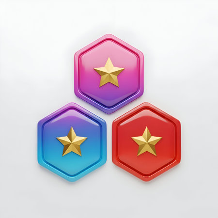 The three hexagonal buttons, each with a shiny, reflective surface and a gold star symbol in the...