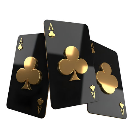 The three black playing cards with gold details, specifically the Ace of Clubs. The cards are...