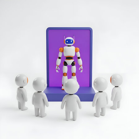 The six white humanoid figures with orange accents standing in a semi-circle, facing a large purple...