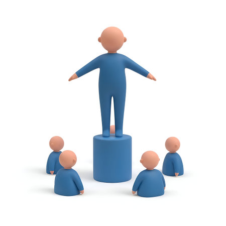 The a 3D of a large blue figure standing on a pedestal with arms outstretched. Surrounding the...