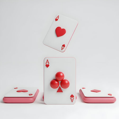 The a 3D rendered scene with playing cards prominently displayed. There are three main two card...