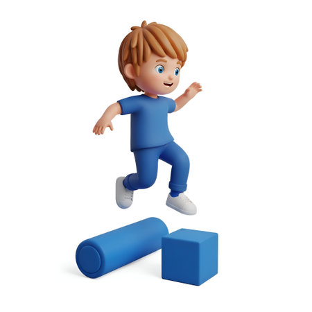 a 3D rendered boy with short blonde hair and blue eyes, dressed in a blue shirt and pants, mid-jump over two blue gymnastic blocks. The boy appears energetic and playful, with a focused expression on his face. The cylindrical and square blocks are positioned on the ground, suggesting a gymnastic or physical activity setting. The overall scene conveys a sense of motion and energy, highlighting the boy's athleticism and the use of gymnastic equipment.の写真素材