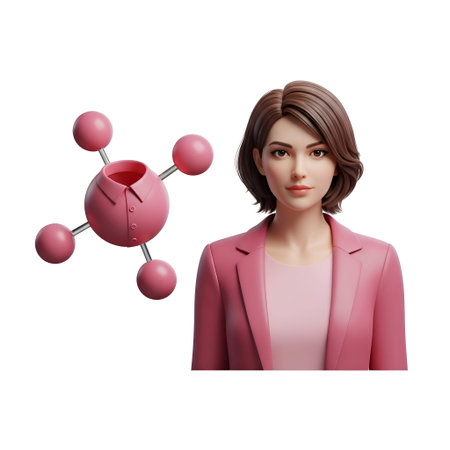 The a 3D-rendered woman with short brown hair, wearing a pink suit and a shirt with a molecular structure The molecular shirt has a central pink sphere with four connected spheres, resembling a simplified molecular model. The woman has a neutral expression and is set against a plain white background. The overall style is realistic and digital, focusing on the fusion of business attire with a scientific concept.の写真素材