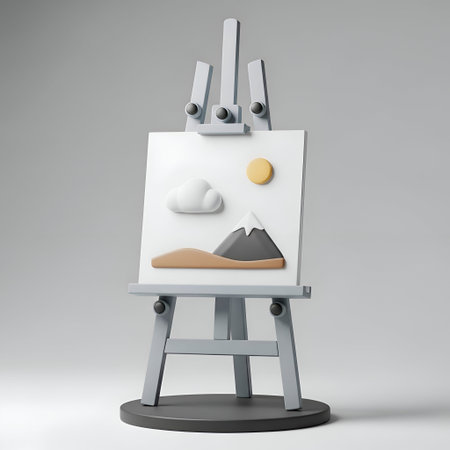 a 3D rendered easel holding a painting of a simple mountain landscape. The painting a gray mountain with a beige base, a small white cloud, and a yellow sun. The easel itself is gray with a circular base and spherical joints. The entire scene is set against a plain gray background, emphasizing the minimalist and modern aesthetic of theの写真素材