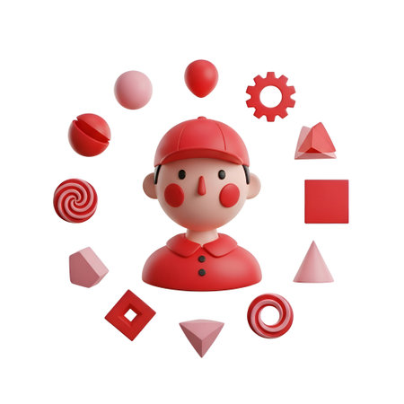 a 3D-rendered clown head with a red cap and matching red face, adorned with white and red circular accents. The clown is surrounded by various floating geometric shapes in red and pink, including spheres, cubes, cones, a torus, and a gear. The shapes are arranged in a circular pattern around the clown, creating a playful and whimsical composition. The lighting highlights the textures and contours of the giving the scene a surreal and artistic feel.の写真素材